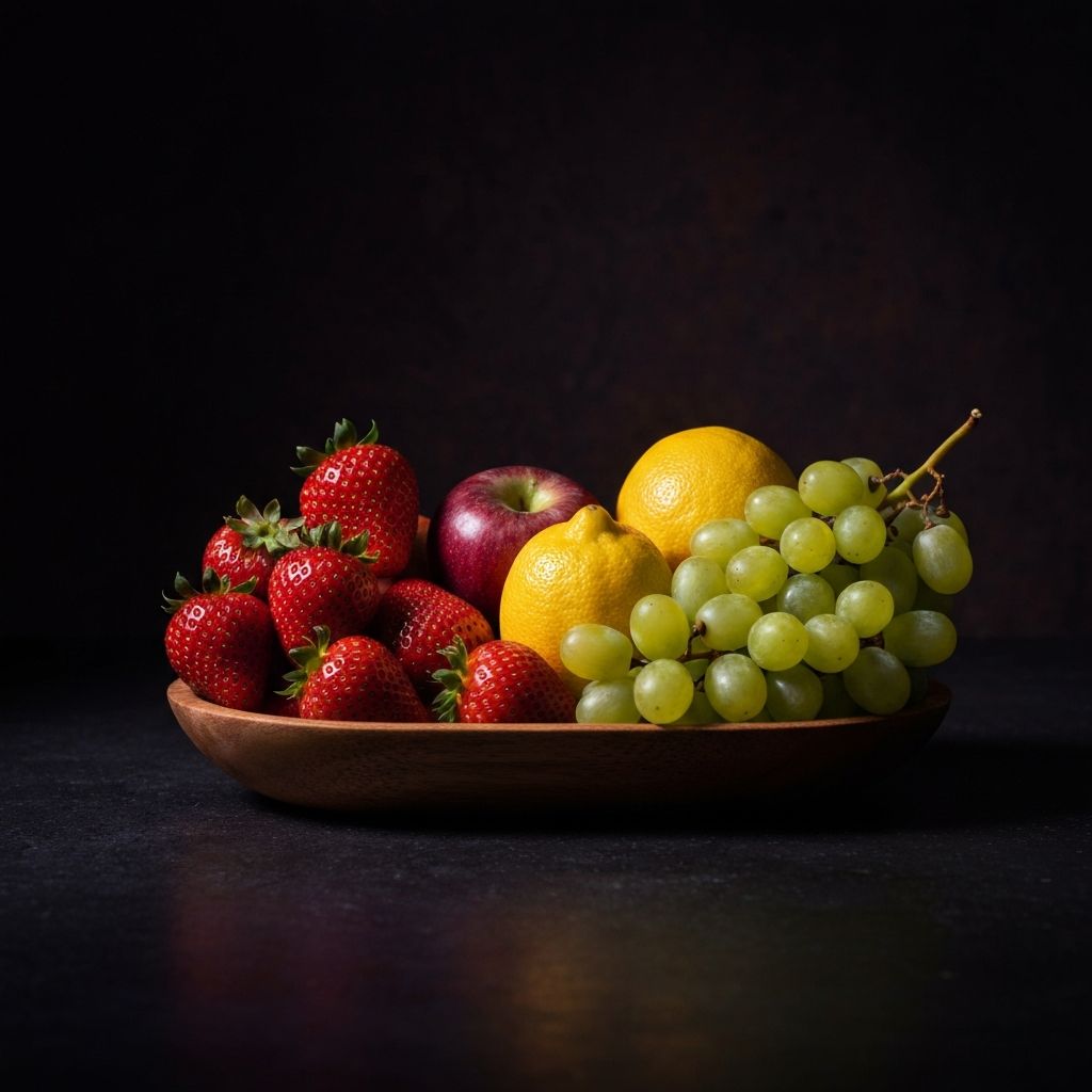 Fresh fruits and vegetables in a rustic bowl on a textured surface