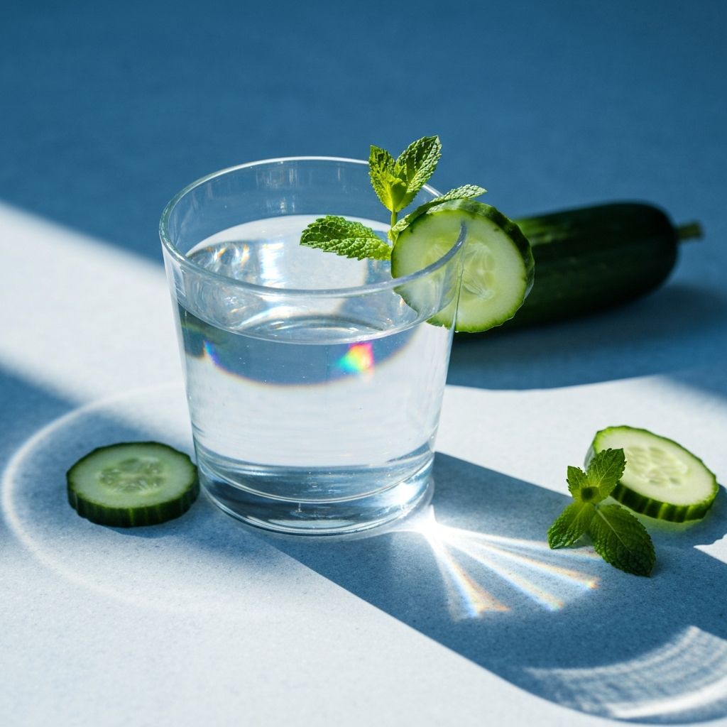 Glass of water with natural light refracting through it beside fresh cucumber slices