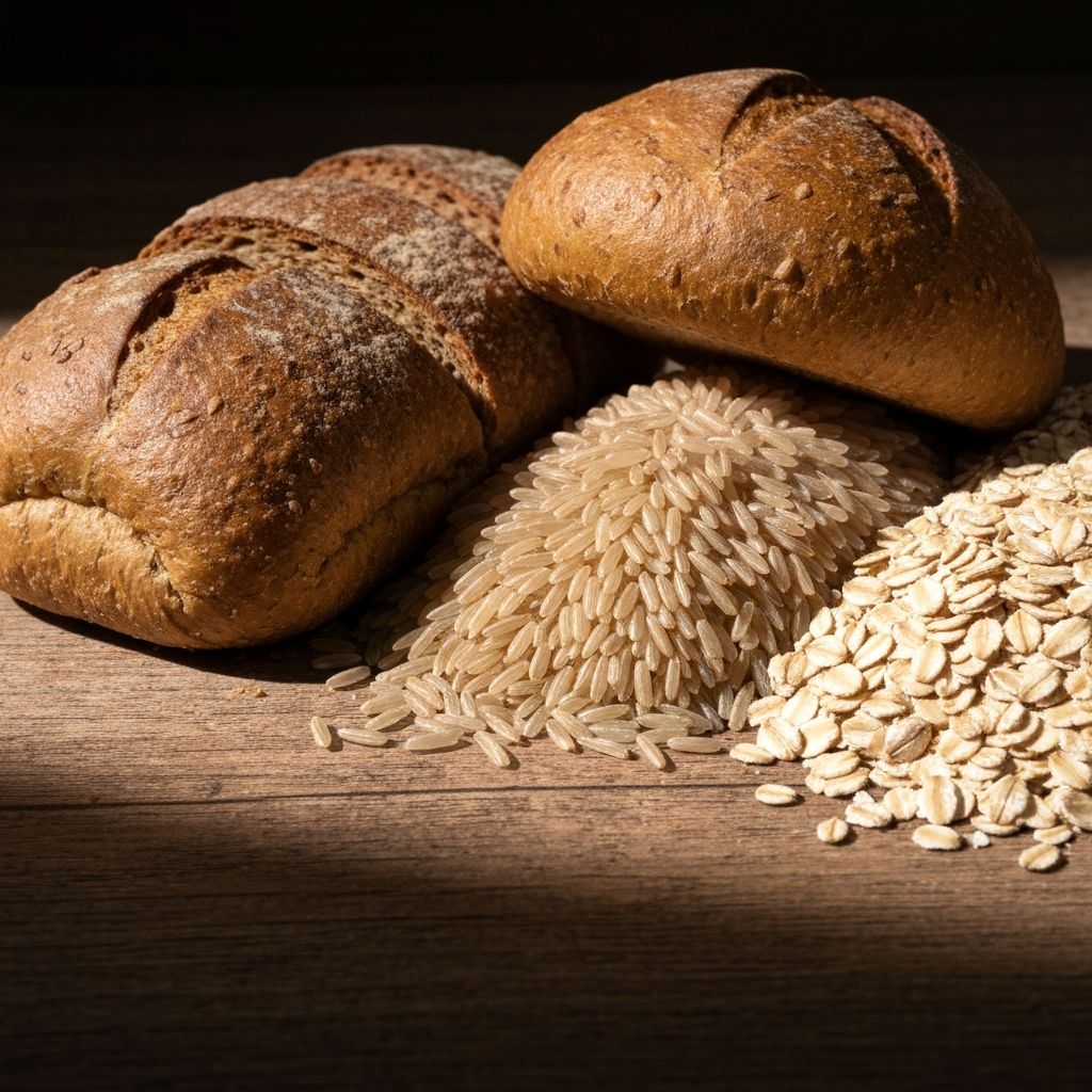 Whole grain bread, brown rice and oats on a rustic surface